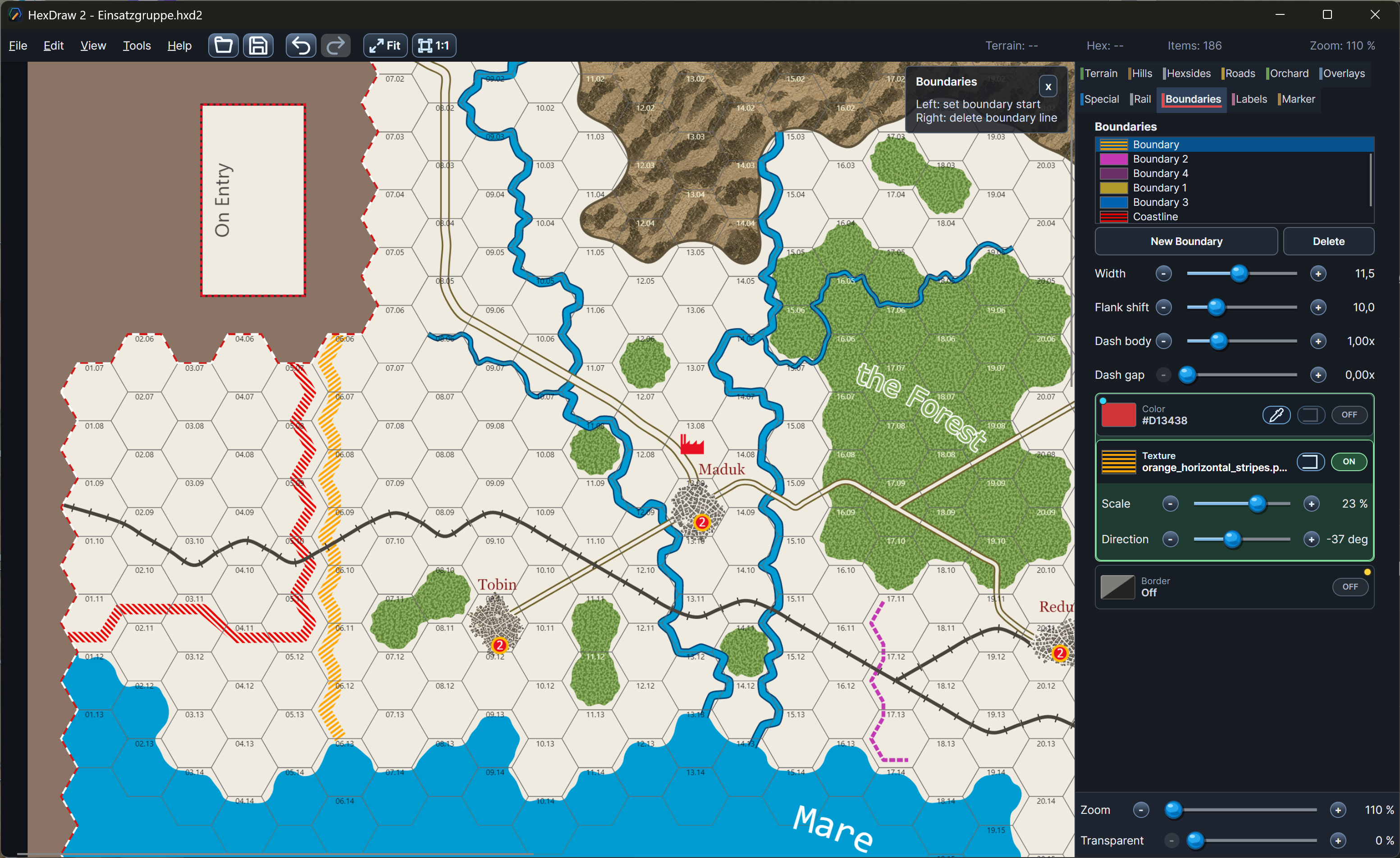 HexDraw 2 scenario map editor showing roads, rivers, labels and boundary tools