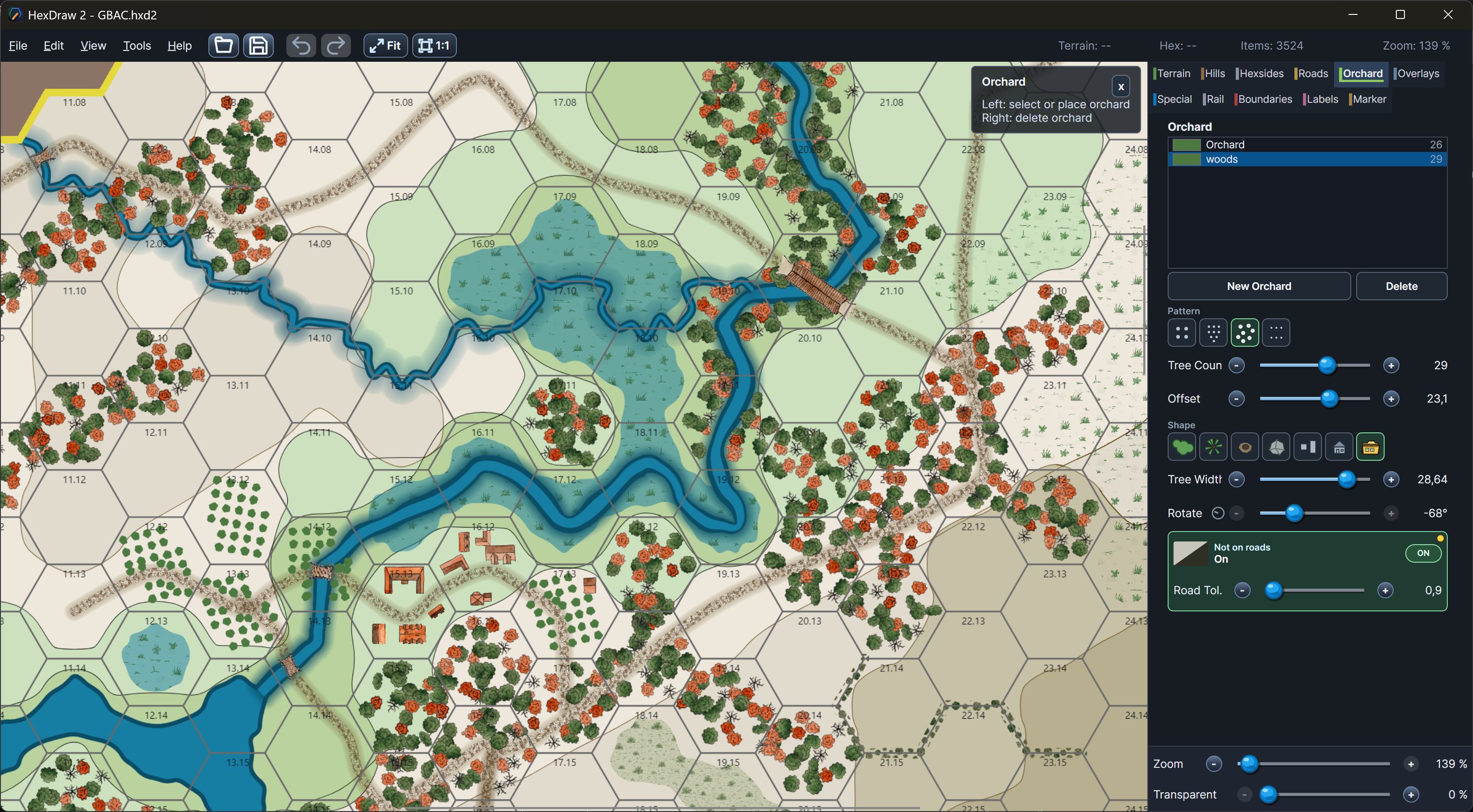 HexDraw 2 orchard editing workflow showing tree patterns, terrain fills and hex coordinates