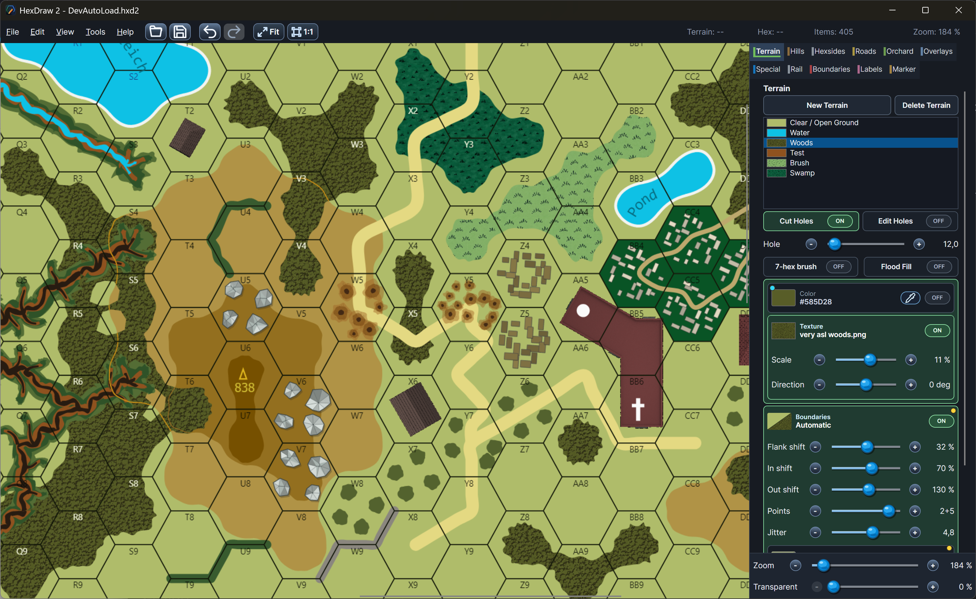 HexDraw 2 terrain editor showing woods, roads, water, buildings and hex coordinates