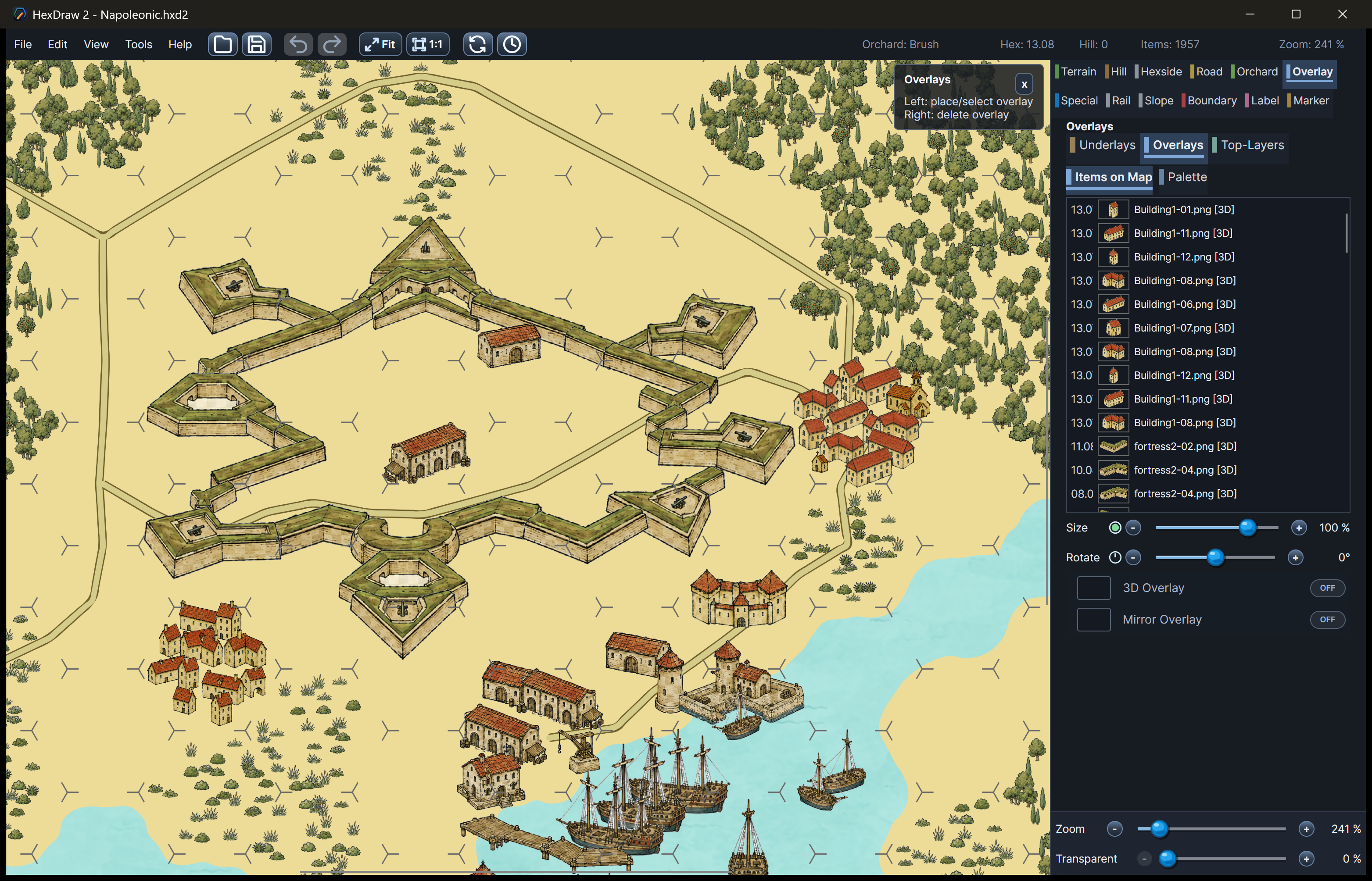 HexDraw 2 overlay editor with illustrated fortifications, buildings, trees, and ships