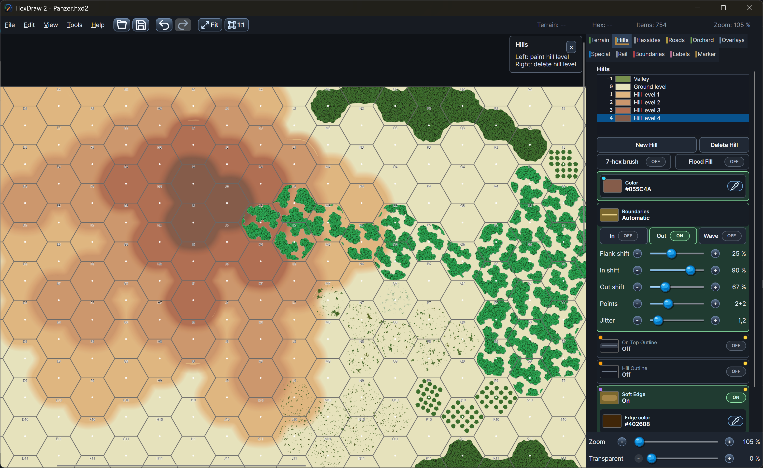 HexDraw 2 hill editor with layered terrain polygons and soft-edge terrain tools