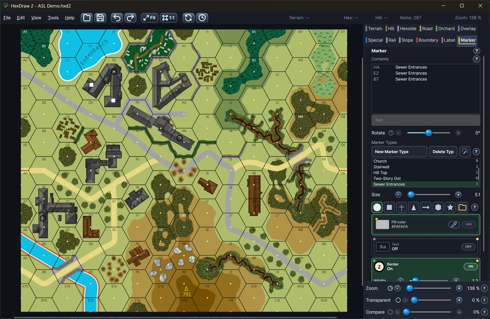 HexDraw 2 marker editor showing reusable marker types and placed markers on an ASL-style tactical map