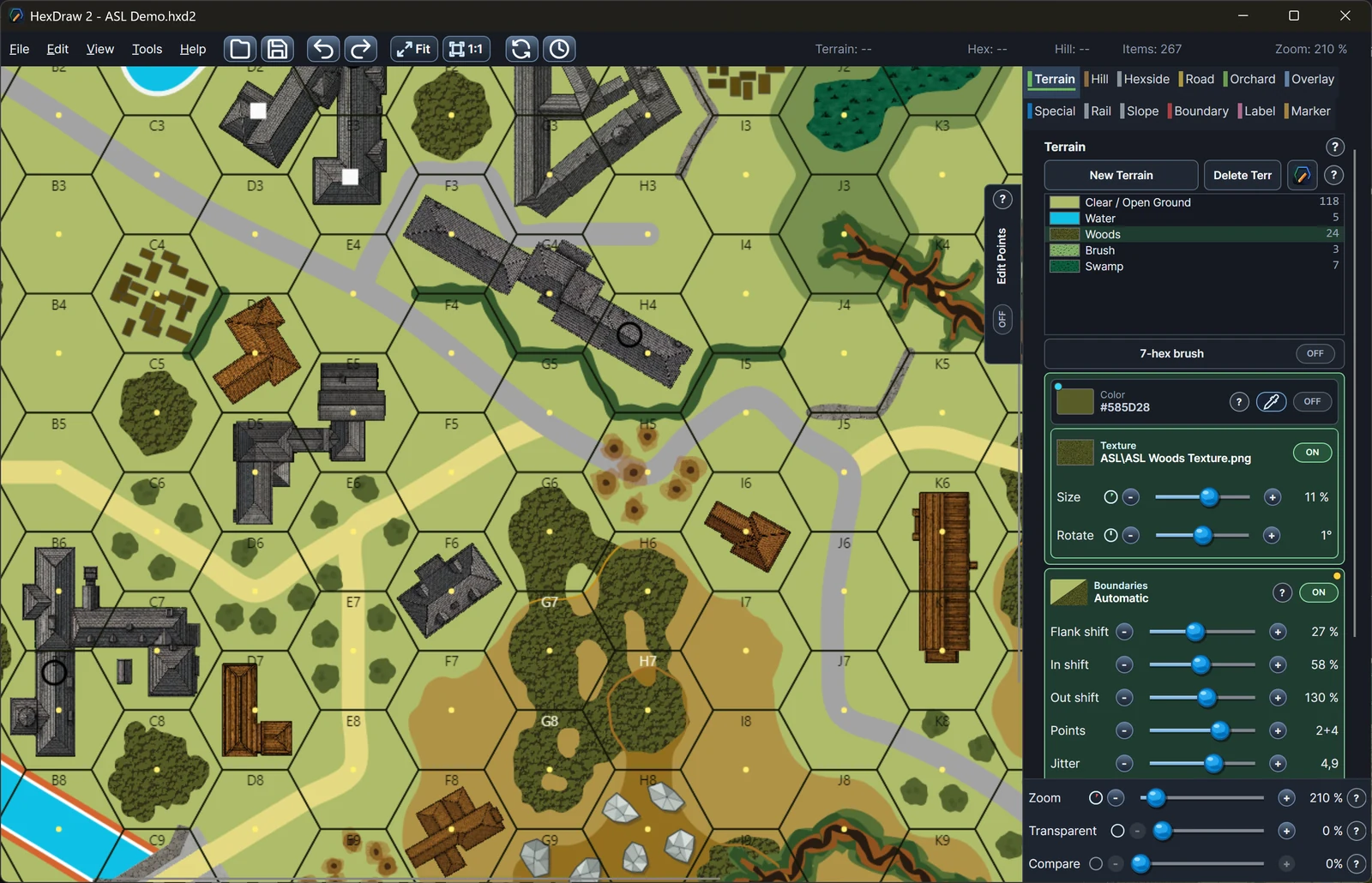 HexDraw 2 terrain editor showing an ASL-style tactical map with roads, buildings, woods, water, and hills