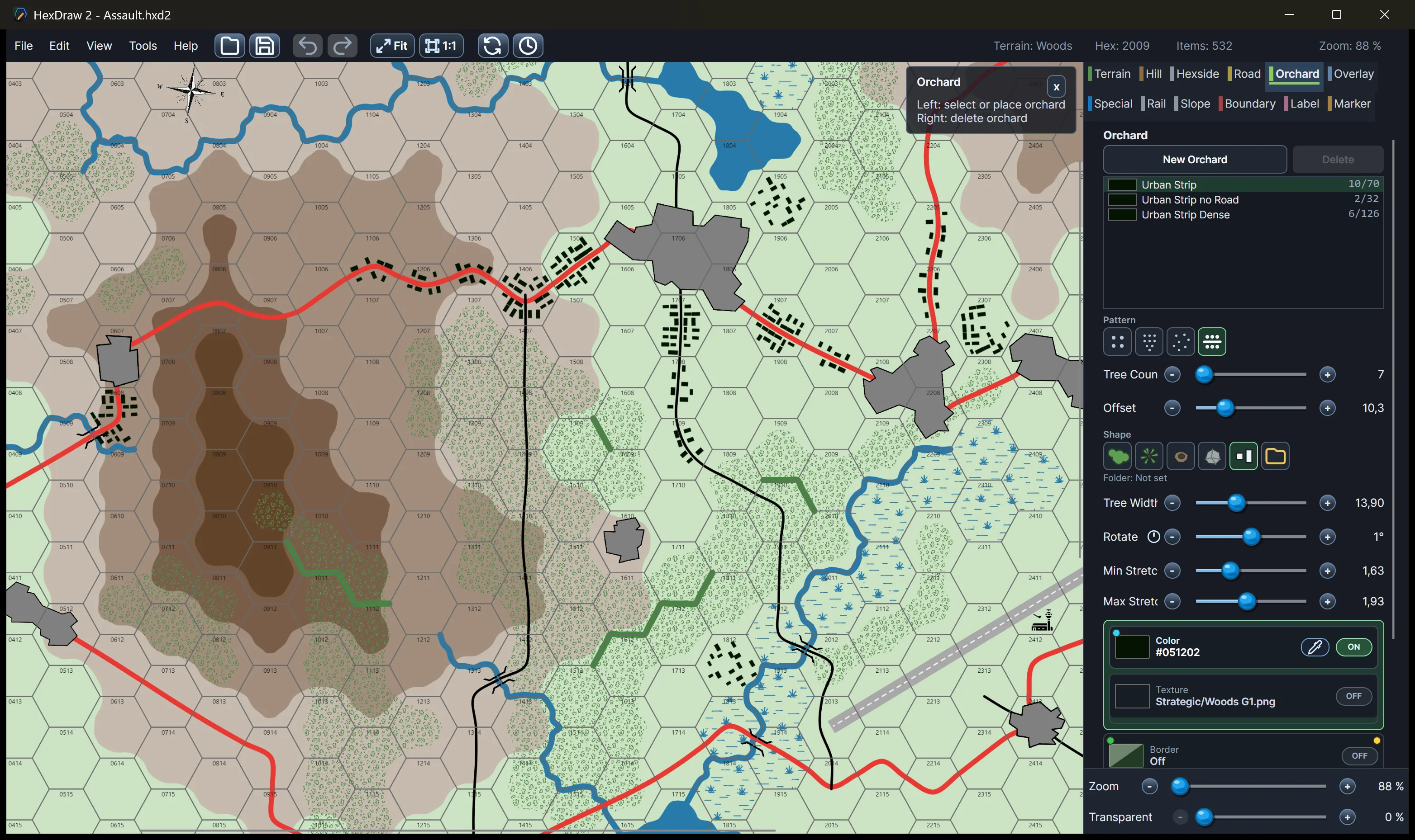 Original GDW Assault-format tactical map being edited in HexDraw 2