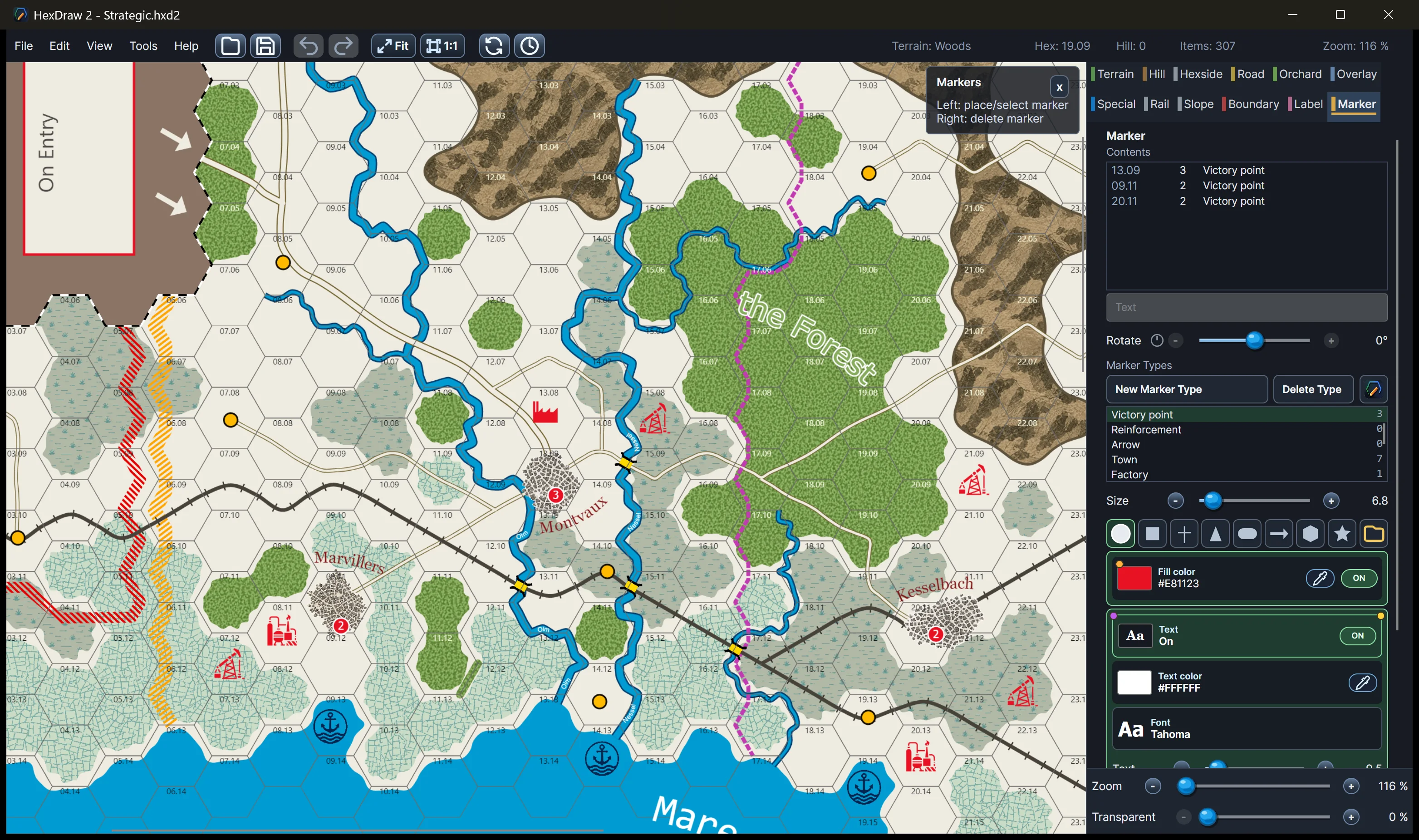 Original operational wargame map with terrain regions, roads, railways, rivers, cities, and labels in HexDraw 2