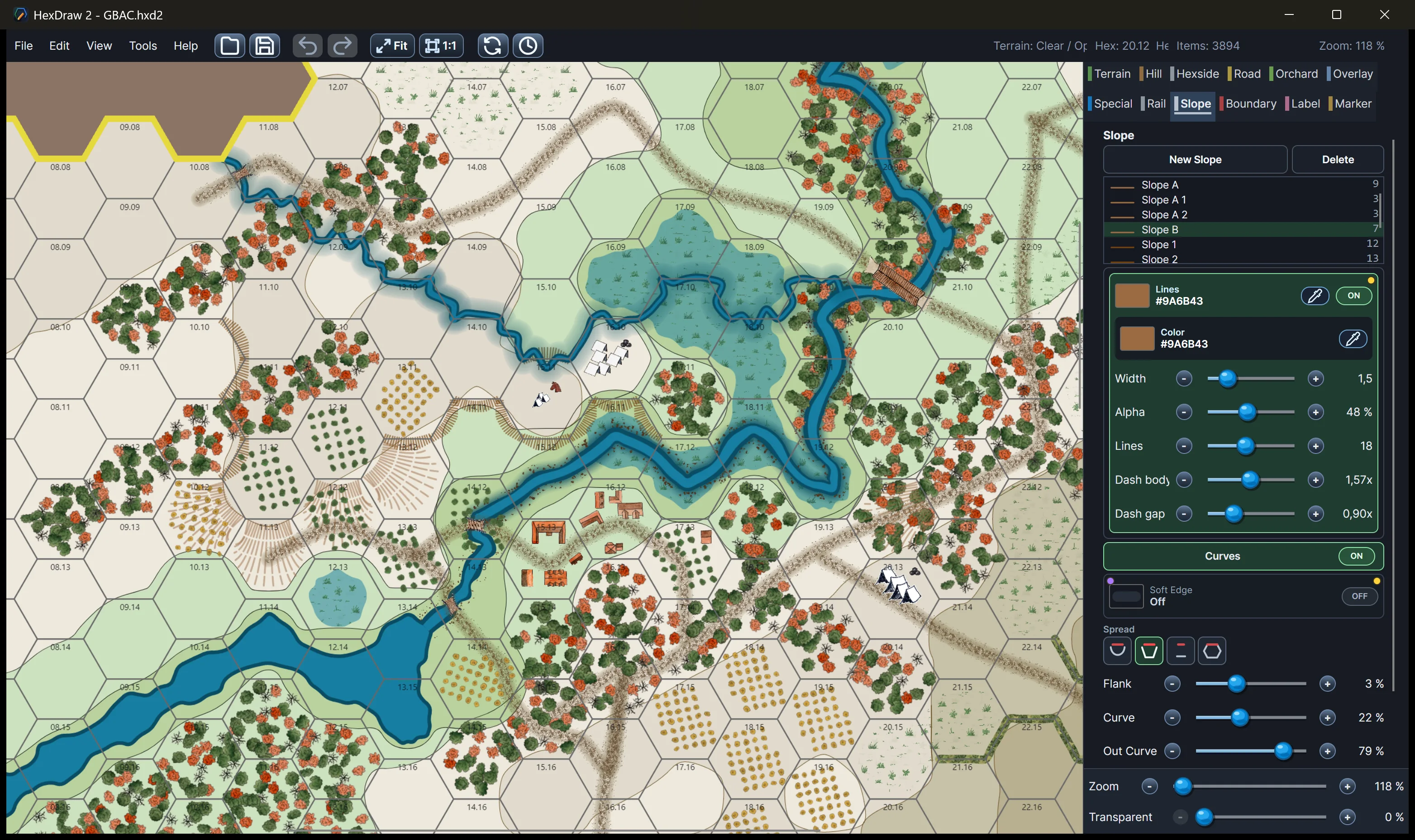 Detailed HexDraw 2 board with rivers, slopes, orchards, villages, and hex coordinates