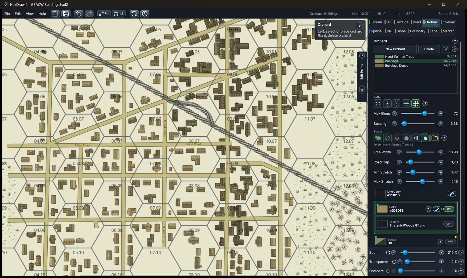 Close HexDraw 2 view of farms, buildings, a creek, roads, woods, and numbered battlefield hexes