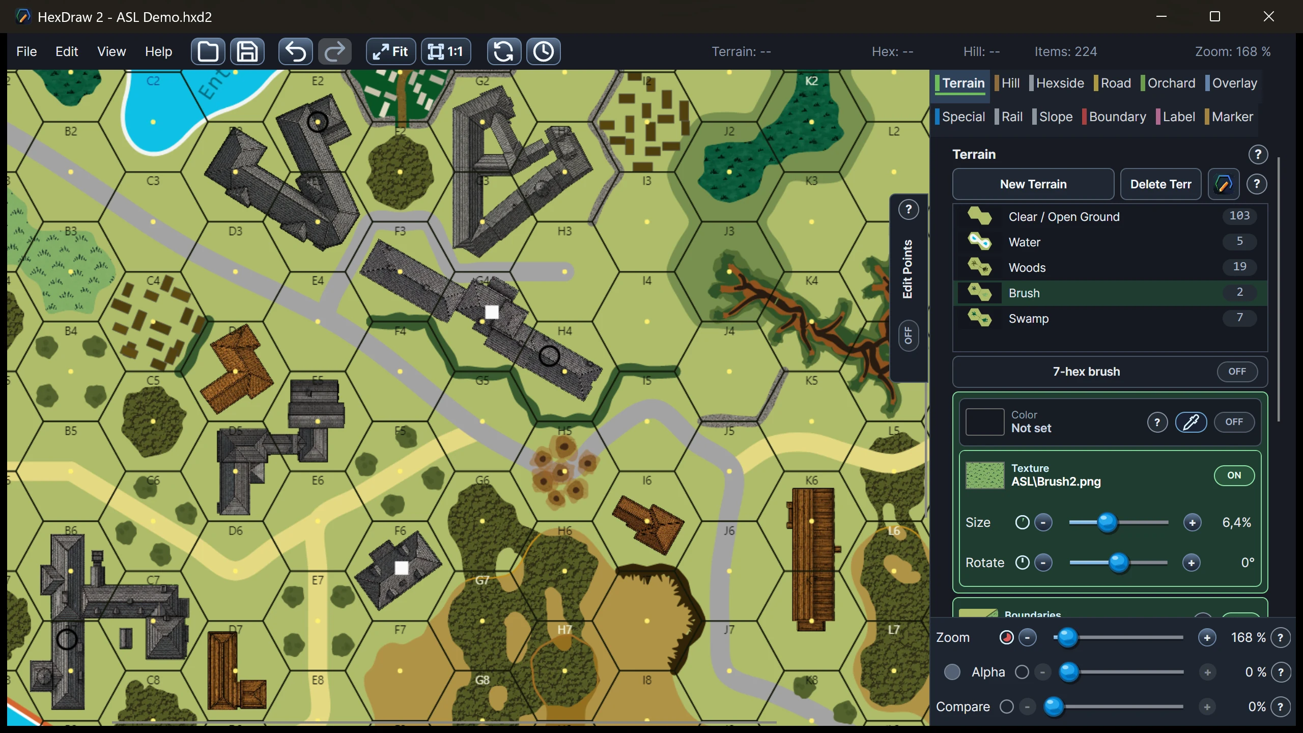 HexDraw 2 terrain editor showing an ASL-compatible tactical map with Brush terrain and texture controls