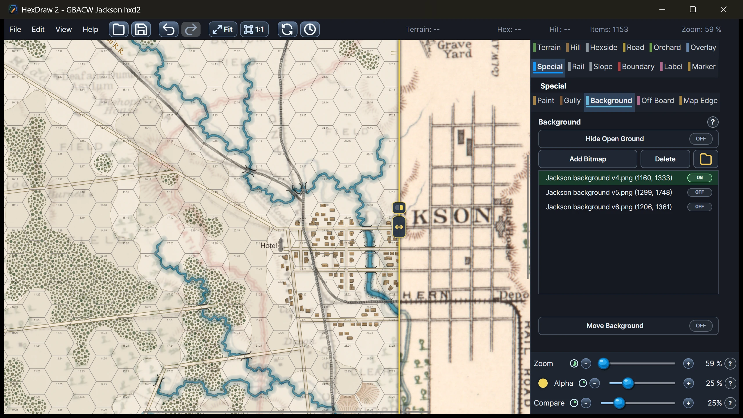 HexDraw 2 Background editor comparing a historical Jackson reference map with the traced editable hex map using Alpha and Compare controls