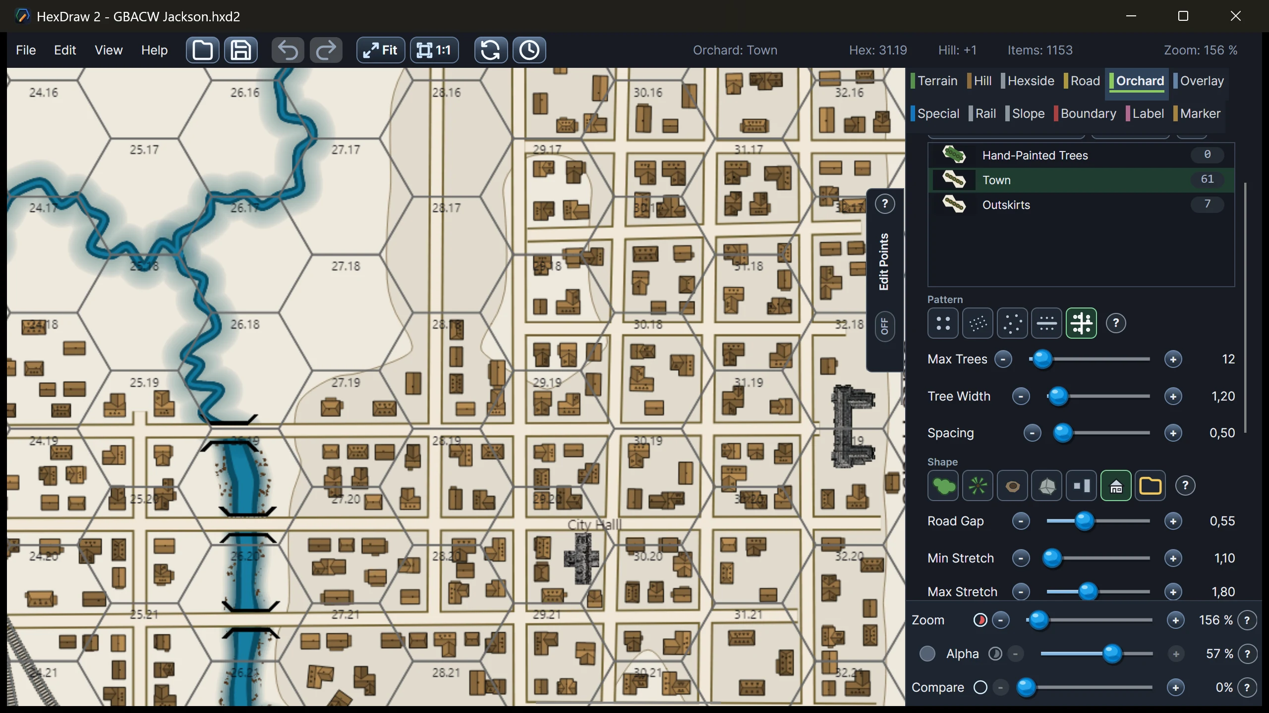 HexDraw 2 Road Village controls placing buildings along a curved road on the Jackson map