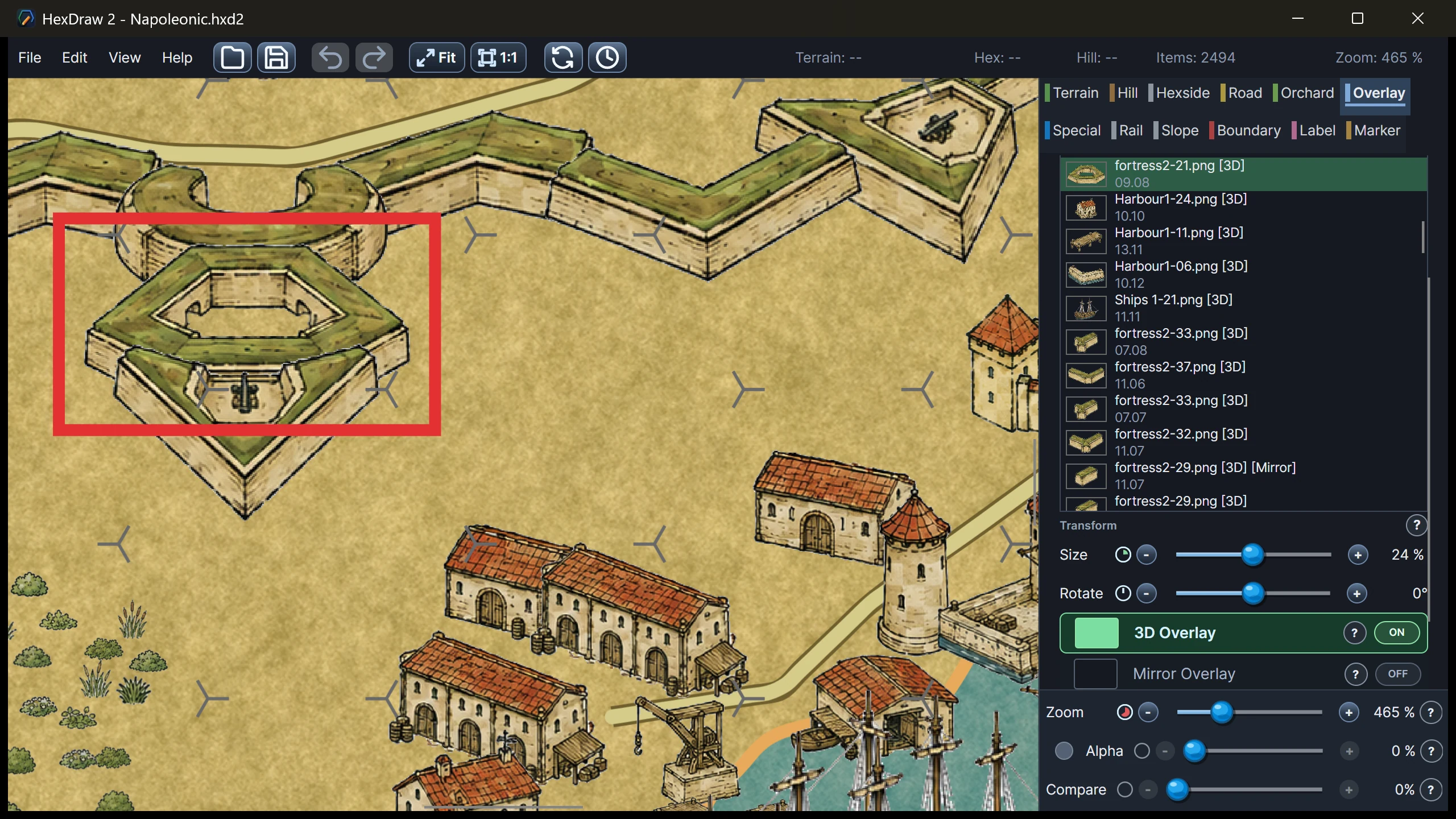HexDraw 2 overlay editor showing a selected fortification with transform controls
