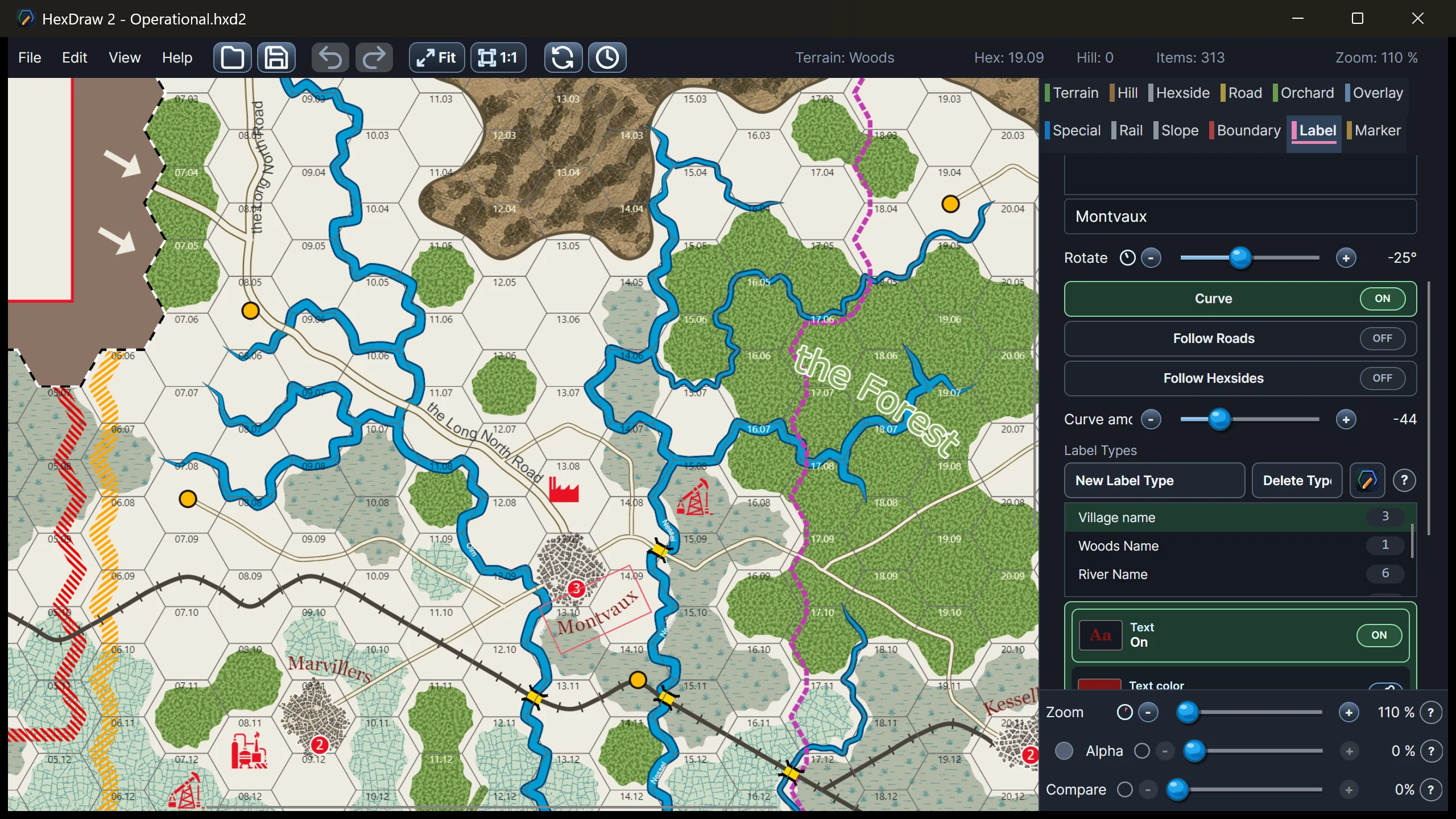 HexDraw 2 label editor showing a selected curved label, reusable label types, roads, rivers, and boundaries