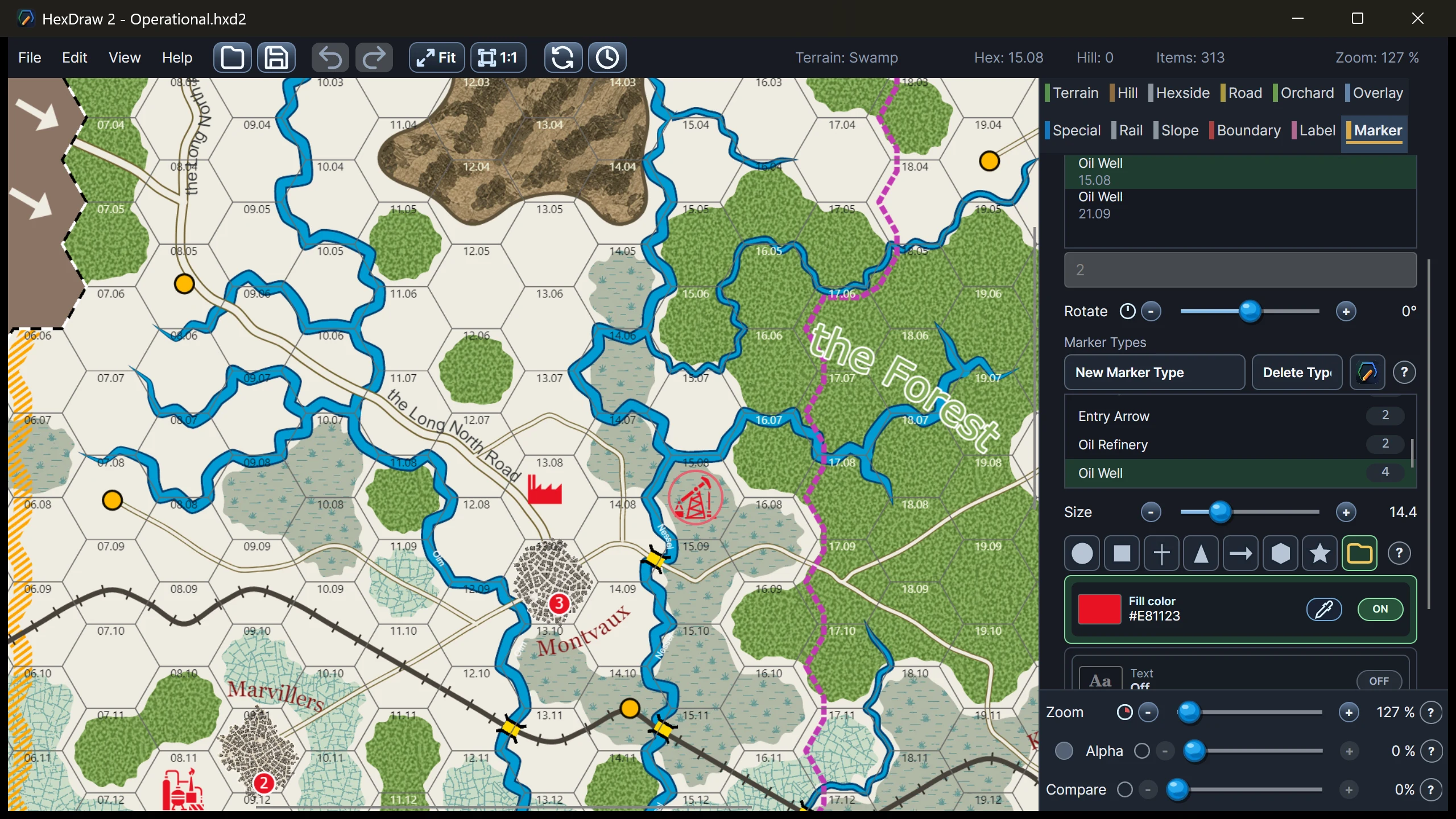 HexDraw 2 marker editor showing a selected oil-well marker, reusable marker types, symbol shapes, and fill controls