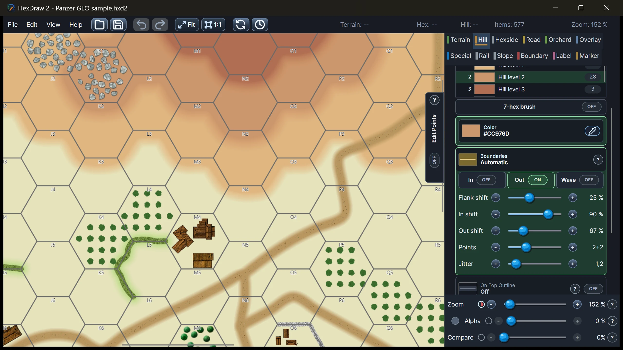 HexDraw 2 hill editor showing connected elevations, woods, buildings, and hill controls
