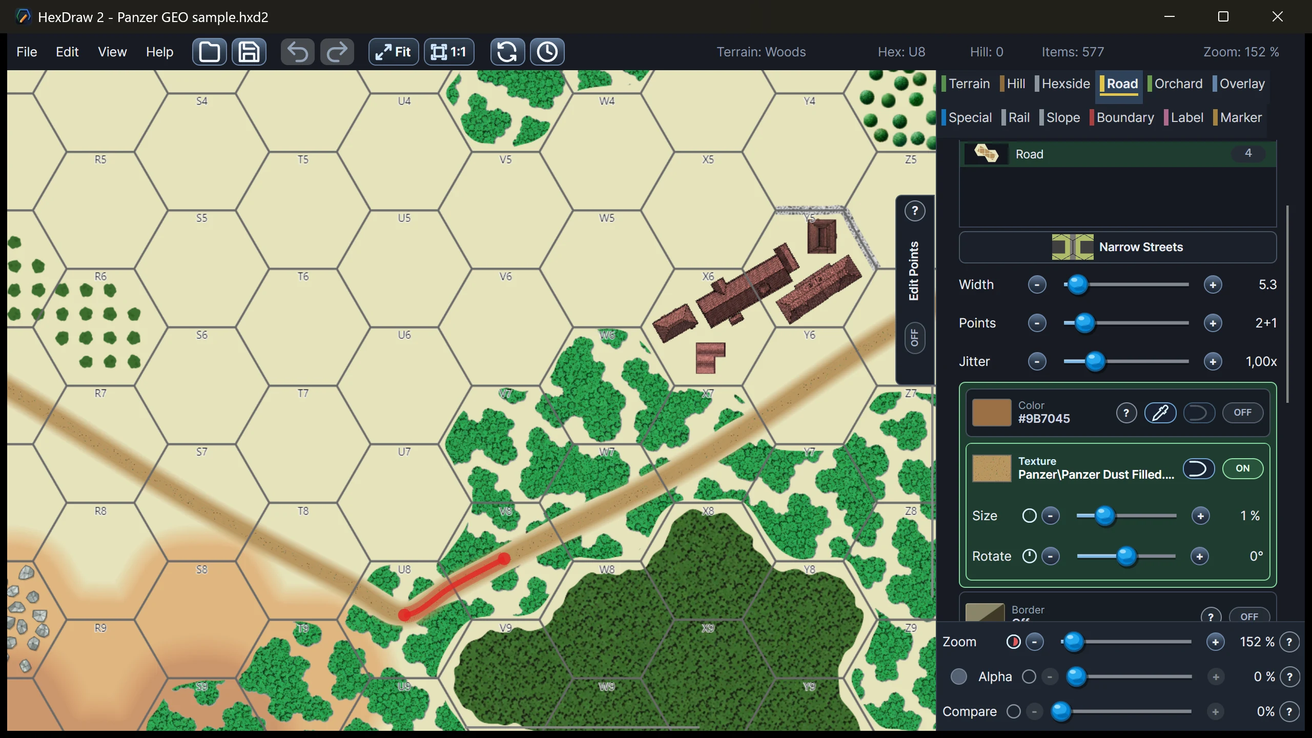 HexDraw 2 road editor showing an adjustable road on a Panzer-series-compatible map