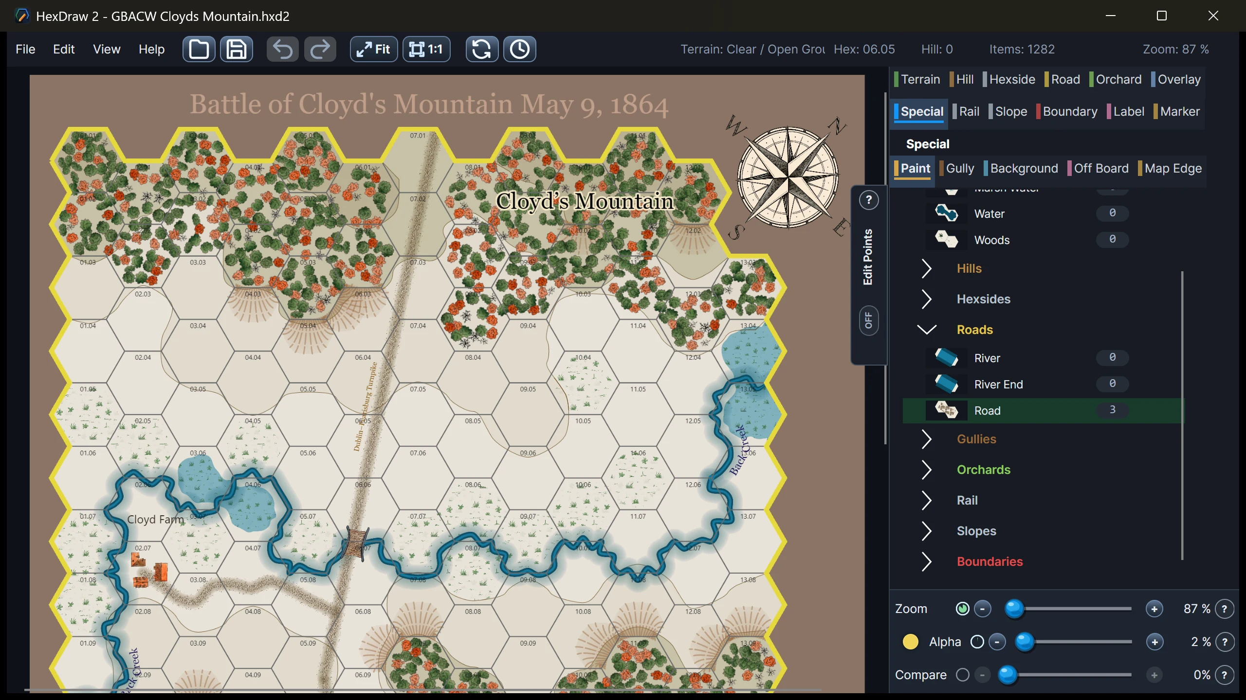 HexDraw 2 Vector Paint editor with a selected road and its editable brush hierarchy