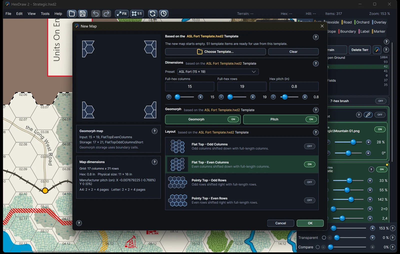 HexDraw 2 New Map dialog with grid presets, physical hex dimensions, geomorph options, and flat-top or pointy-top layouts