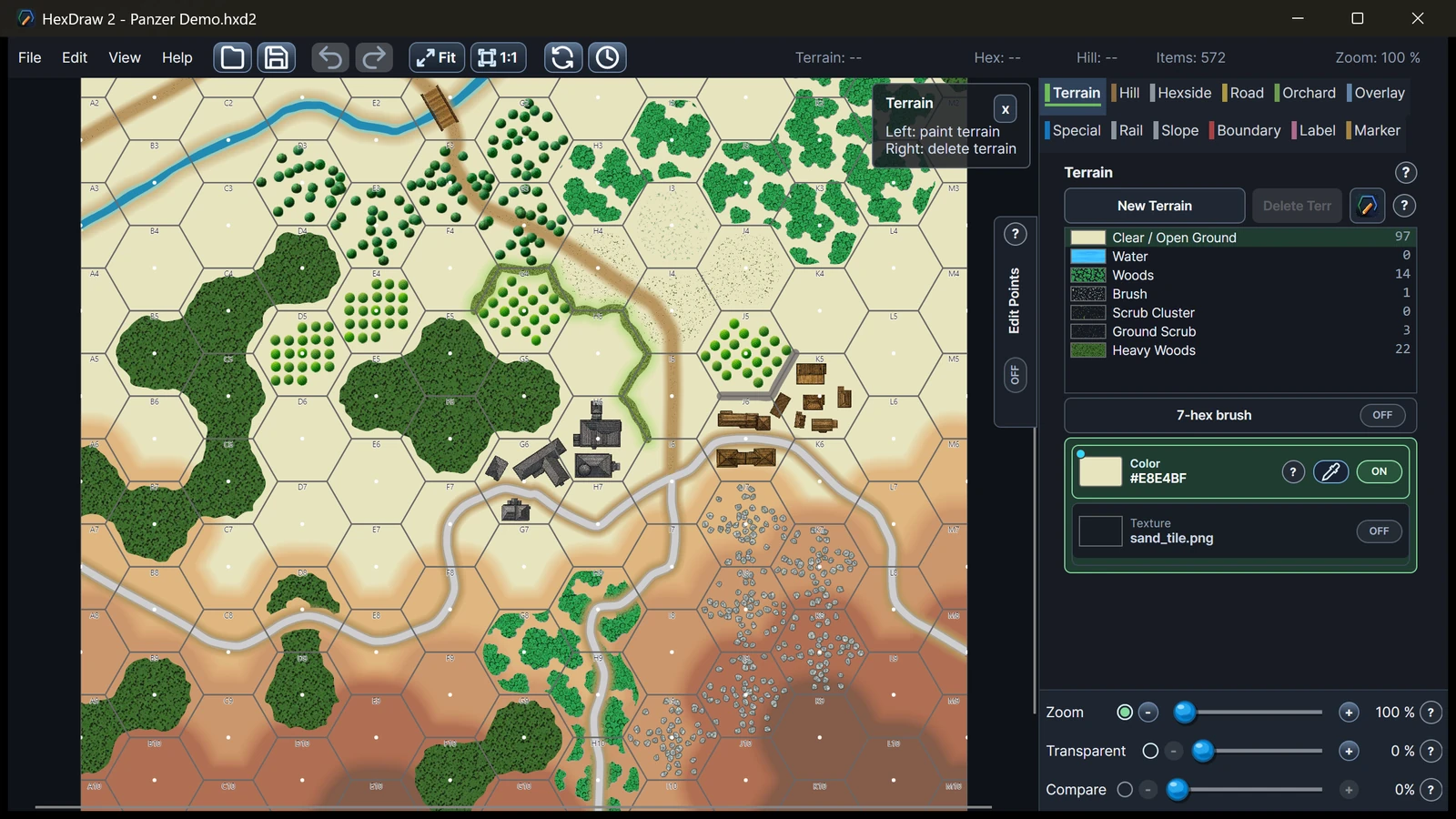 HexDraw 2 map showing hills, soft elevation edges, woods, and editable terrain
